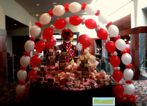 Red and White Balloon Arches over table | Up, Up & Away!